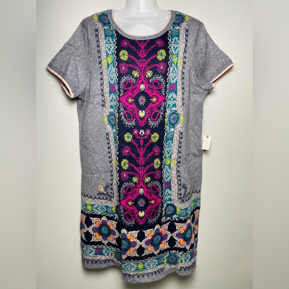 Gray Embroidered Shift Dress with Pink & Teal Accents